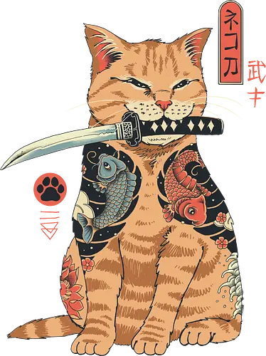 Catana - cat, katze, katana, japan, traditional art, Koi